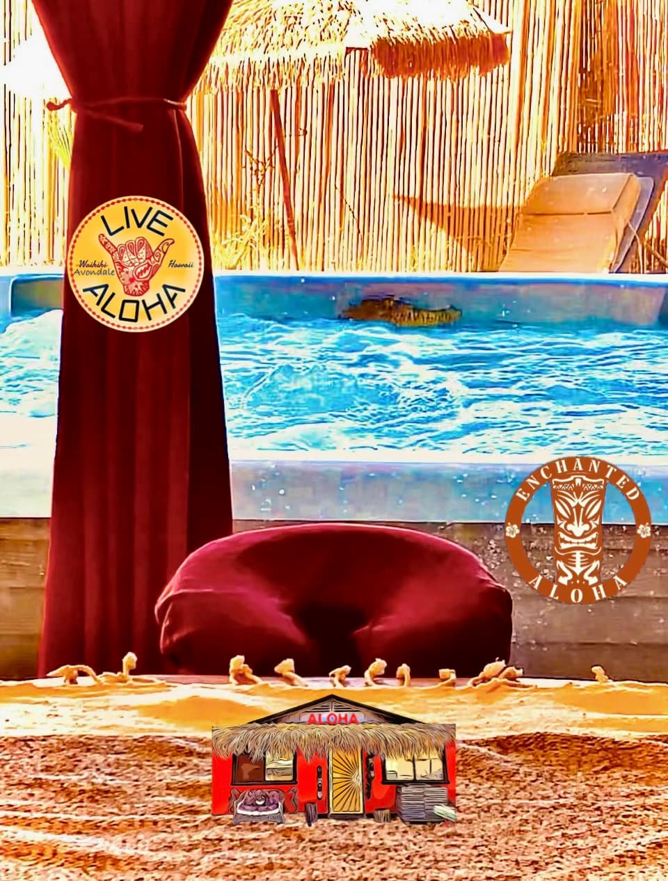 Private patio lounge with a hot tub, straw umbrella, and red velvet seating